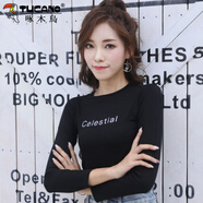 啄木鳥(niǎo)純棉長(cháng)袖t恤女新款春秋季韓版百搭修身上衣服短款時(shí)尚打底衫 黑色8027#字母Celestial M 建議 94斤以下