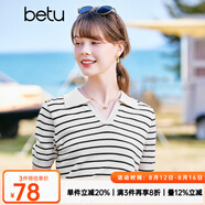 betu百圖女裝減齡復古Polo領條紋短袖寬松型針織衫女2203T02 米白 XS