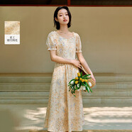 茵曼法式重工鏤空刺繡連衣裙夏季女裝百搭氣質(zhì)打攬無(wú)袖裙子黃花色  M