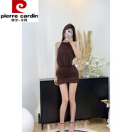 皮爾卡丹（PIERRE CARDIN）今年流行的歐美氣質(zhì)感金屬掛脖連衣裙性感露背顯瘦包臀裙短裙 深棕色 M