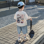 巴拉巴拉男童套裝2025新款夏兒童裝夏季短袖帥氣韓版寶寶夏裝潮酷夏季衣服 杏色 130 cm