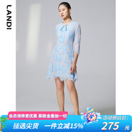 藍地（LANDI）系帶圓領(lǐng)撞色蕾絲連衣裙女春季新款七分袖收腰短裙 淺藍色 L