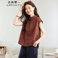 衣典零一（LEDIALYI）高級感洋氣格子純棉襯衫女2025夏季新款休閑氣質(zhì)寬松短袖t恤上衣 紅格 M （建議118斤內）