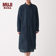 無(wú)印良品 MUJI 女式 法國亞麻水洗 立領(lǐng)連衣裙 BCL05C0S 深海軍藍 S