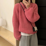 HUALIN FASHION2025秋冬季日系慵懶風純色粗線復古套頭毛衣女糖果色針織上衣 玫紅 均碼