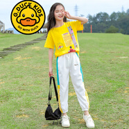 G.DUCKKIDS品牌童裝女童夏裝套裝短袖t恤褲子夏季兩件套洋氣女孩中大童衣服 風(fēng)車套裝 黃色 140