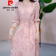 皮爾卡丹（pierre cardin）琉璃絲假兩件連衣裙女2025春夏新款優(yōu)雅氣質(zhì)減齡顯瘦禮服裙子 粉色亮片連衣裙中袖今年流行的輕 2XL （115-125）