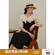 獨束大碼女裝【雙色可選】法式茶歇娃娃領(lǐng)連衣裙女夏裝微胖mm裙子 芝麻黑 M