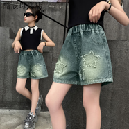 葉余女童牛仔短褲2025夏兒童寶寶韓版寬松女孩百搭時(shí)尚洋氣外穿短褲薄 刺繡五星-短褲 160