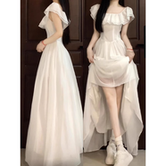 與欣裙子女夏季2025新款法式白色方領(lǐng)連衣裙女高級感氣質(zhì)收腰顯瘦長裙 白色 均碼 【可備注碼數(shù)】