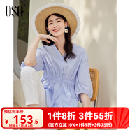 歐莎（OSA）V領(lǐng)七分袖襯衫女夏季高級感女士洋氣上衣收腰顯瘦休閑薄款襯衣 天藍色 M