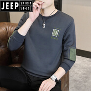 JEEP SPIRIT男士厚T恤秋季新款潮流男裝時尚刺繡衣服春秋款長袖T恤透氣秋衣男 N字春秋款 灰色 M 【建議90-105斤】