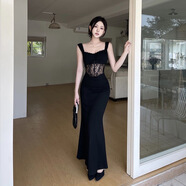 妙奕嘉黑色法式吊帶連衣裙女夏季新款裙子女士輕奢高級(jí)長(zhǎng)裙顯瘦純欲禮服 黑色法式蕾絲魚骨拼接包臀長(zhǎng)裙 XL 【建議95-120斤】