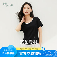 片斷（dribs＆drabs）片斷T恤女夏季新款撞色修身彈力刺繡設(shè)計(jì)小眾正肩t恤上衣 黑色 S 155/80A