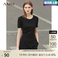 AMII夏新款短袖T恤女正肩設(shè)計(jì)感不規(guī)則褶皺開叉莫代爾上衣 黑色 165/88A/L
