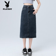 花花公子（PLAYBOY）后開叉牛仔半身裙女小個子夏裝搭配顯高中長款a字包臀裙子145xxs 深藍(lán)色小個子款 S