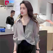 皮爾卡丹（pierrecardin）氣質感襯衫吊帶連衣裙兩件套裝女2025年夏季大碼遮肚歐貨裙子 灰色襯衫(單件)[今年流行漂亮裙 M [100斤以內(nèi)]