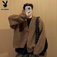 花花公子（PLAYBOY）美式慵懶風(fēng)感短寬重磅開(kāi)衫毛衣男春秋季休閑粗線(xiàn)針織衫外套潮 棕色 2XL