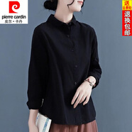 皮爾卡丹（pierre cardin）25年新款純棉襯衫女春秋款設計感圓領(lǐng)復古長(cháng)袖棉麻襯衣亞麻上衣女 黑色 L 120-135斤