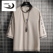 浪古 LAWKULt恤男衣服夏季七分袖男士潮流寬松男裝體恤休閑青少年學生夏裝 卡其色 L