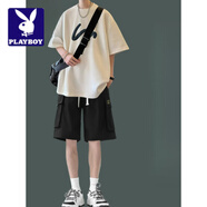 花花公子（PLAYBOY）冰絲涼感透氣套裝男2025夏季新款潮牌短袖短褲經(jīng)典痞帥寬松兩件套 白衣+黑褲【套裝】 M
