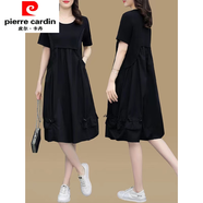 皮爾卡丹（pierre cardin）加肥加大碼假兩件套連衣裙女裝2025夏季特大碼胖mm遮肚子顯瘦裙子 黑色 M 建議80-100斤