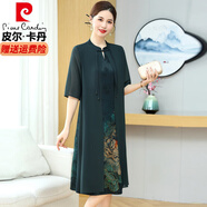 皮爾卡丹（pierre cardin）高檔香云紗連衣裙喜婆婆婚宴禮服大氣中式喜服加大碼結(jié)婚媽媽夏季 藏青色  2XL (建議125-135斤)