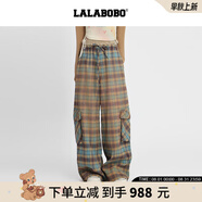 拉拉波波【商場(chǎng)同款】LALABOBO闊腿長(cháng)褲25年秋新款原創(chuàng  )松弛感格紋顯高褲子 咖色 S