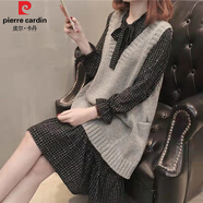 皮爾卡丹（pierre cardin）大碼2025秋冬新款毛衣中長(cháng)款連衣裙胖妹妹針織馬甲打底裙兩件套裝 軍綠色 M 建議80-100斤
