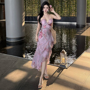 智立冠2025夏季新款掛脖碎花連衣裙女新款法式抹胸長(cháng)裙收腰裙子 粉色掛脖連衣裙 M