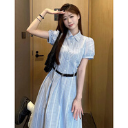 緋垚學(xué)院風(fēng)條紋襯衫連衣裙女夏季高收腰短袖連衣裙韓版polo領(lǐng)顯瘦裙子 淺藍色帶腰帶 M