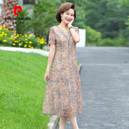 皮爾卡丹（pierre cardin）2025夏季新款碎花雪紡短袖連衣裙中老年顯瘦A字裙媽媽裝小個(gè)子女 卡其色 XL