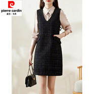 皮爾卡丹2025年秋冬季新品毛呢無(wú)袖口袋連衣裙女小香風(fēng)后背拉鏈背心馬甲裙 黑色 XL 112-122斤