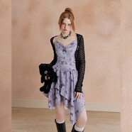 UNIFREE【明星同款】紫色吊帶連衣裙蝴蝶印花收腰不規則辣妹裙子 紫色 XL