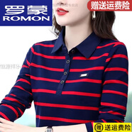 羅蒙（ROMON）22年秋冬新款老媽純棉長(zhǎng)袖t恤女春秋裝橫條紋寬松大號(hào)翻·領(lǐng)上衣 紅藍(lán)條紋長(zhǎng)·袖 XL 建議110-120斤