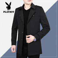 花花公子（PLAYBOY）夾克男春秋季新款男裝風(fēng)衣中長(zhǎng)款休閑中年男士外套爸爸裝中年男裝 黑色 薄款 L 110-130斤