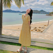 皮爾卡丹（pierre cardin）淺黃色溫柔風(fēng)v領(lǐng)鏤空碎花連衣裙女2025夏法式小個(gè)子氣質(zhì)減齡長(cháng)裙 淺黃色連衣裙 新款面料升級版 M （105-115斤）