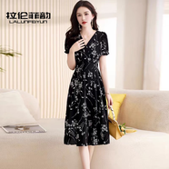 拉倫菲韻意式高端品牌雪紡連衣裙女2025夏季新款氣質(zhì)顯瘦中長款法式碎花裙 黑色 M