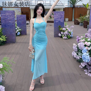 減齡度假風(fēng)掛脖修身長裙湖藍(lán)色開叉網(wǎng)紗御姐純欲名媛氣質(zhì)連衣裙 湖藍(lán)色 S