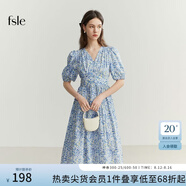 FANSILANEN范思藍(lán)恩法式油畫感藍(lán)色碎花顯瘦連衣裙夏裝短袖V領(lǐng)裙子 白底藍(lán)碎花 M