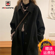 AEMAPE毛呢大衣女2025春秋季新款女裝氣質(zhì)黑色中長(cháng)款赫本風(fēng)外套 單排扣p o l o領(lǐng)【加棉款】 S