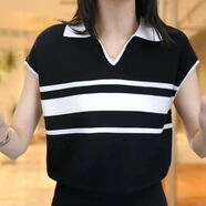 如續黑白條紋polo領(lǐng)短袖T恤女士夏季時(shí)尚減齡薄款V領(lǐng)冰絲T恤上衣 黑色 S 建議80-95斤