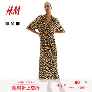H&M女裝連衣裙25夏新款度假風(fēng)腰部系帶襯衫式植物印花長(zhǎng)裙1217576 米色/豹紋 XXS 155/76