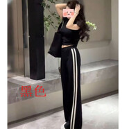 歐美時尚顯瘦短袖套裝女高腰闊腿褲兩件套 黑色 S