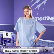 SuaMoment抓痕仿麂皮絨珍珠小狗短袖T恤男夏美式潮牌情侶半袖體恤 藍色 M