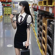茯見(jiàn)學(xué)院風(fēng)包臀連衣裙女2025夏季純欲制服泡泡袖甜酷辣妹小清新御姐范 配領(lǐng)帶M碼【建議90-110斤】