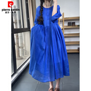 皮爾卡丹（pierre cardin）意大利尾單剪標女寬松苧麻大擺長(cháng)裙七分袖棉麻亞麻連衣裙 藍色（少量現貨） L 【建議110-130斤】