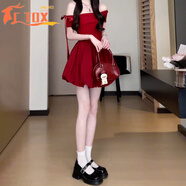 CTOX法式一字肩露肩黑色連衣裙女夏季2025新款赫本風(fēng)絕美蓬蓬花苞短裙 【紅色短款】 S 85-98斤