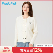 快魚圓領針織雙排扣開衫女2025春新款花邊領口長袖柔軟毛衣外套 杏色 M