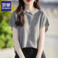 羅蒙（ROMON）針織短袖t恤女2025夏季POLO寬松娃娃領(lǐng)落肩袖小香風(fēng)體恤上衣女 灰色 XL